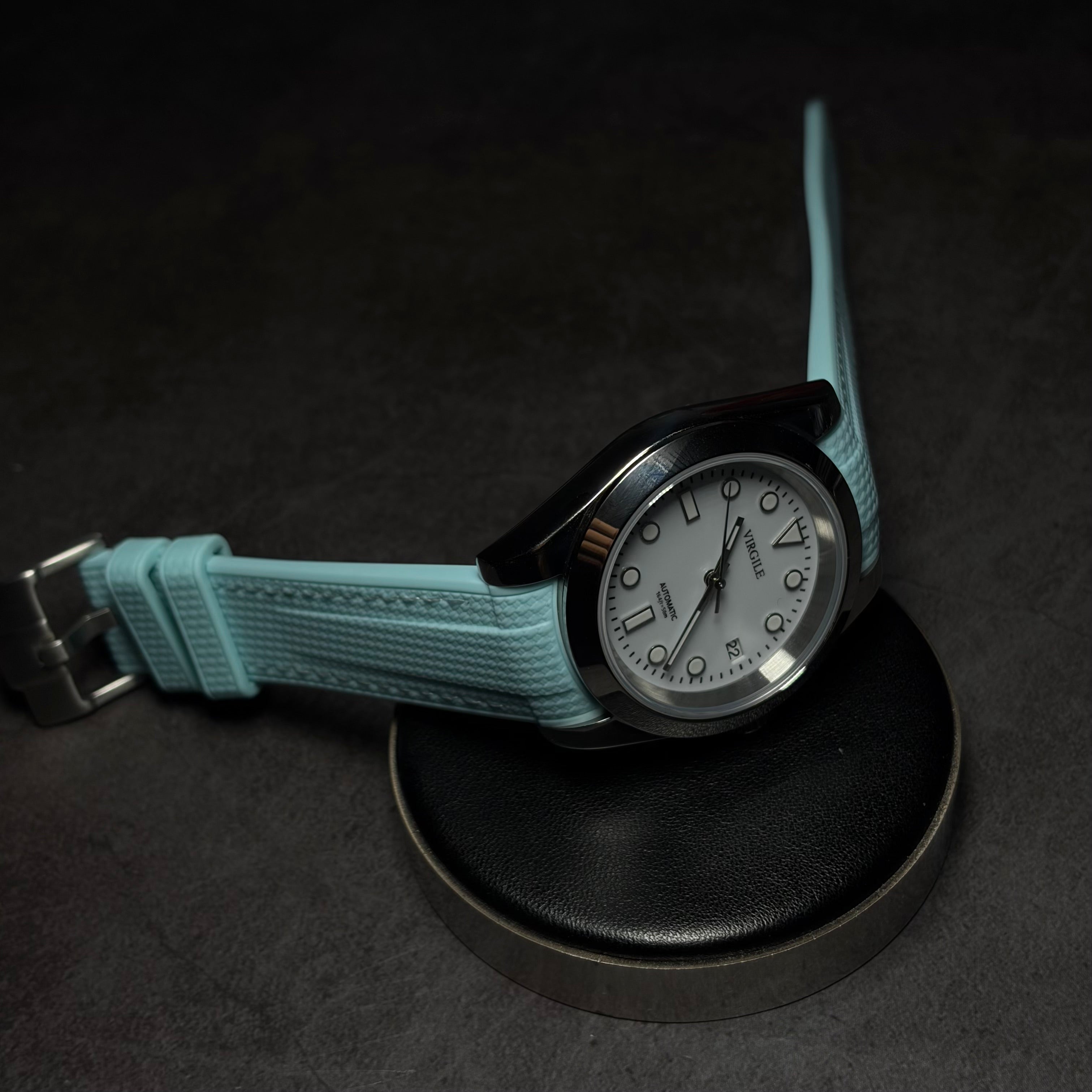montre bracelet couture cyan cadran blanc
