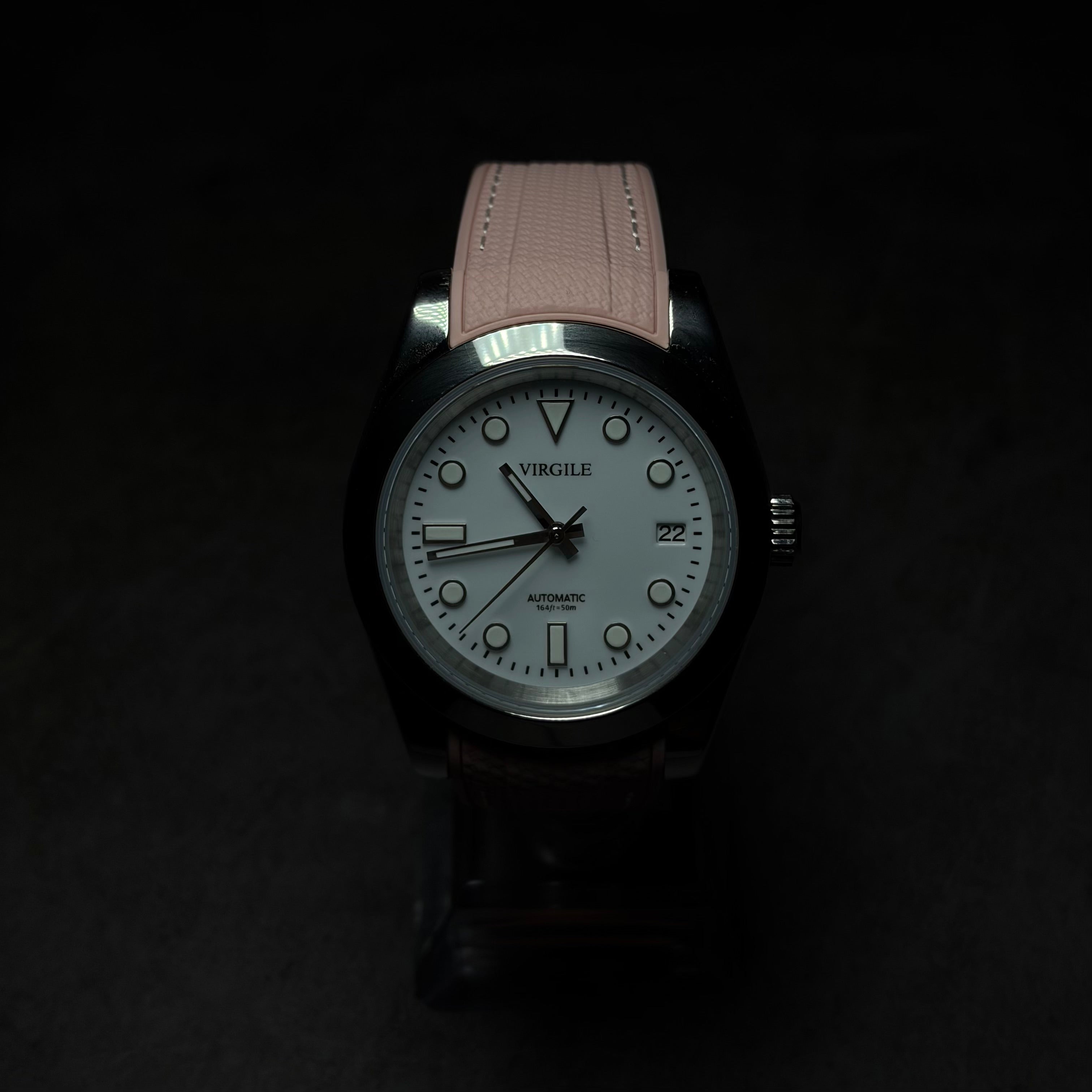 montre bracelet couture rose cadran blanc